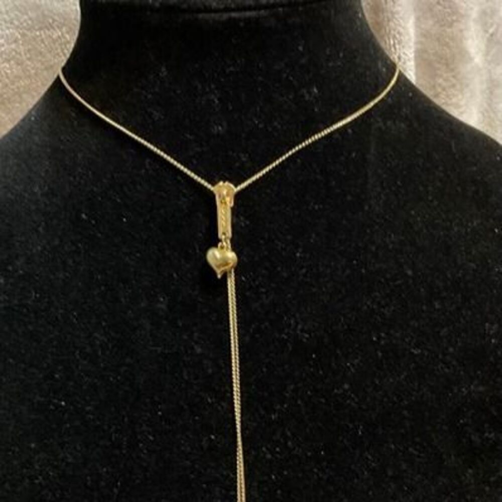 Vintage Gold Tone Lariat Necklace with Zipper and Puffed Hearts